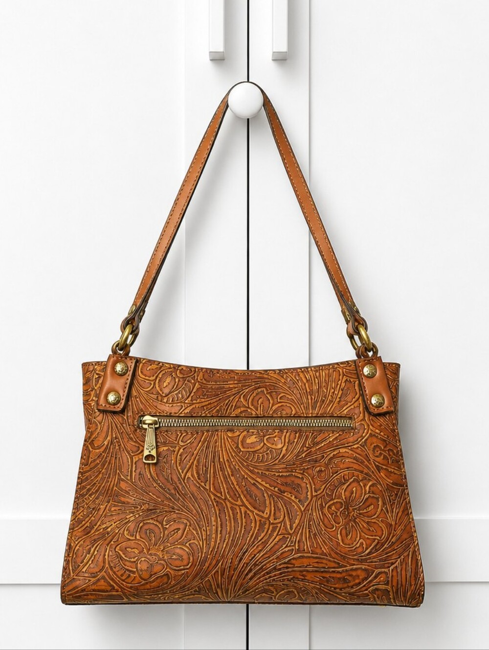 Embossed Floral Leather Shoulder Bag in Brown
